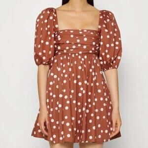 Abercrombie & Fitch Brown & White Polka Dot Ruched Bodice Puff Sleeve Mini Dress